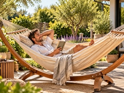 Man ervaart meer rust en ontspanning in een comfortabele hangmat met standaard in een groene tuin