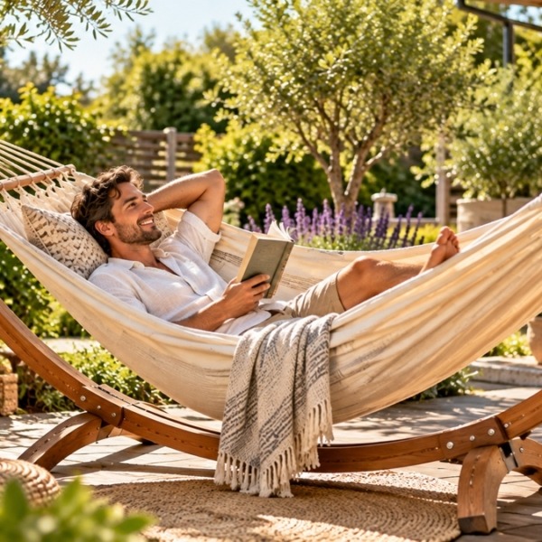 Man ervaart meer rust en ontspanning in een comfortabele hangmat met standaard in een groene tuin